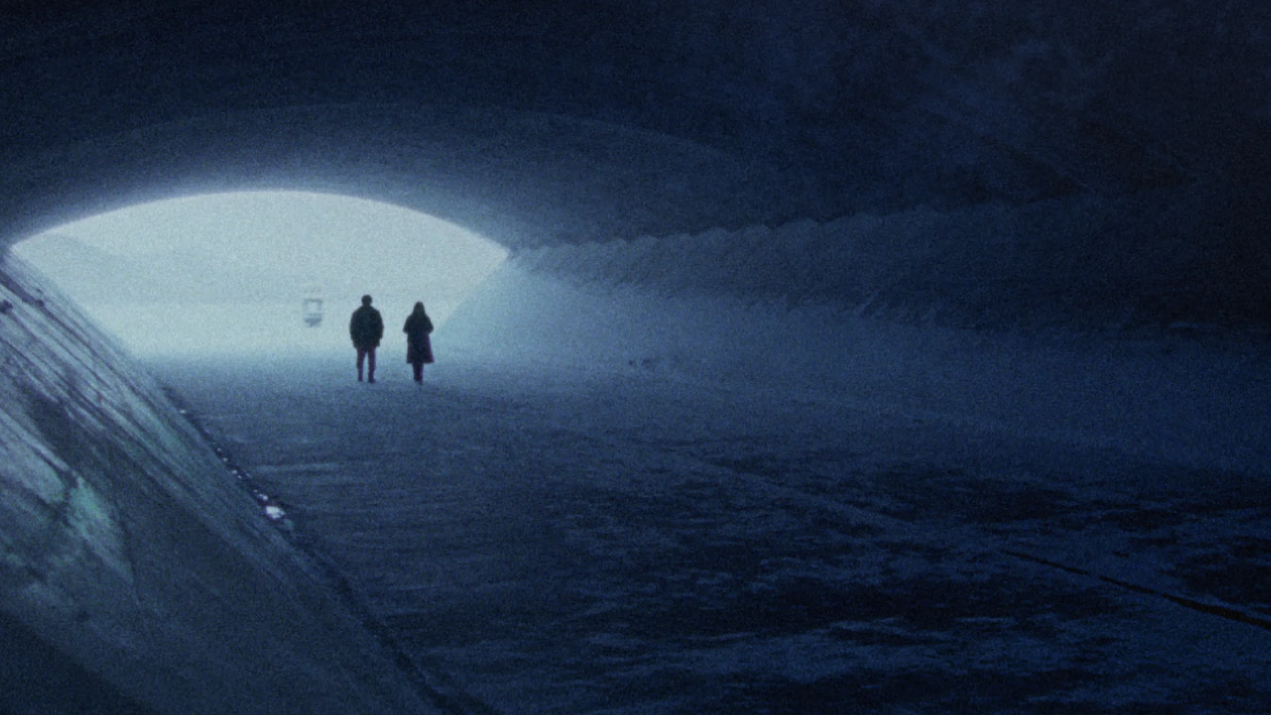 Two figures walking through a snowy tunnel